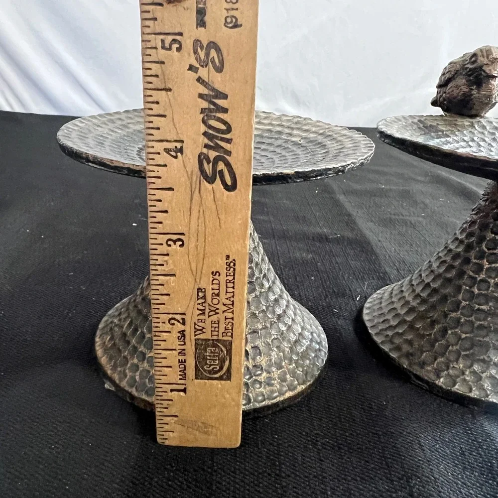 Set of 2 Hammered Bronze Cast Iron Bird Pedestal Candle Holders Rustic Decor